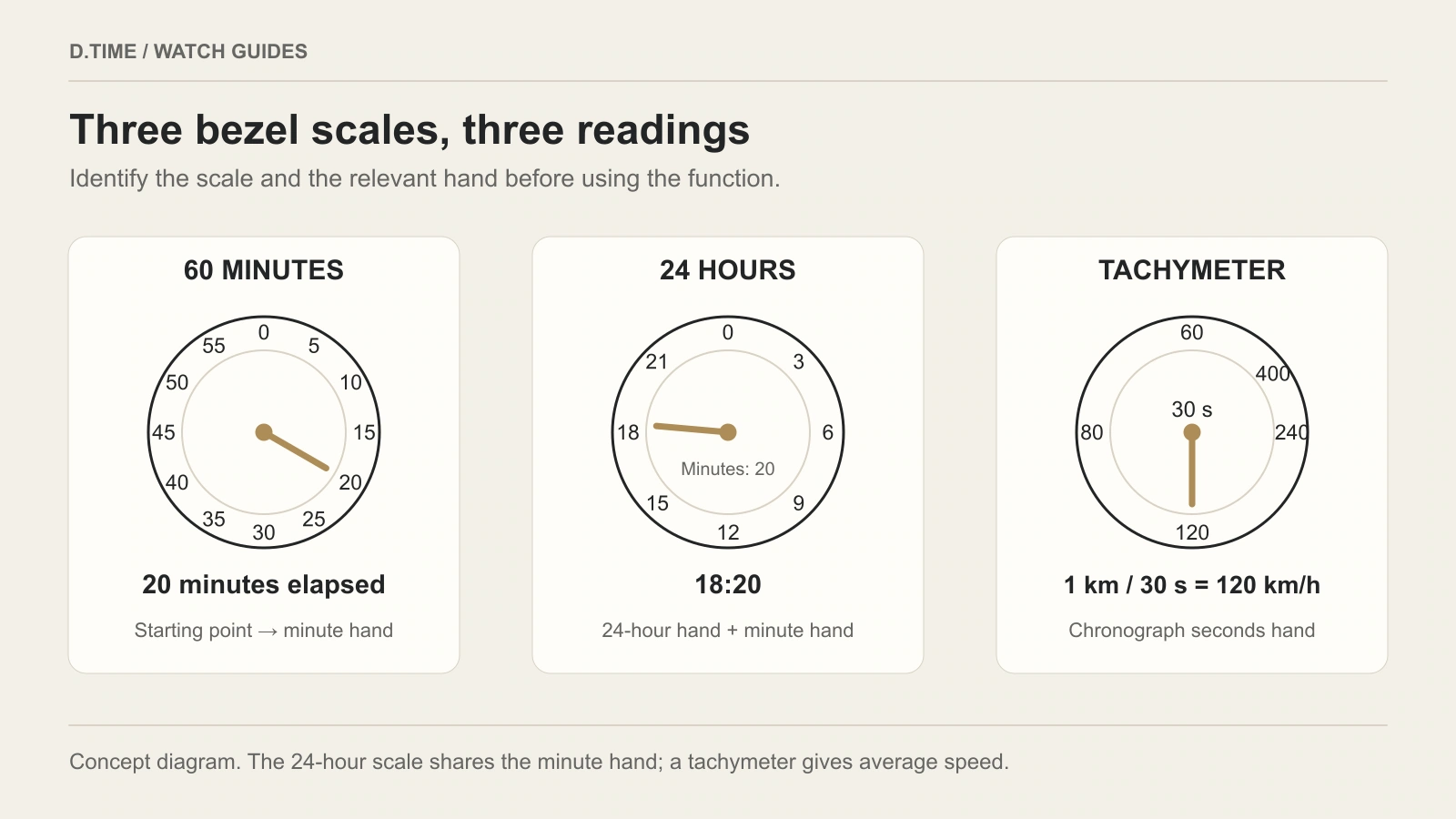 Three bezel scales: 60 minutes for elapsed time, 24 hours for time of day, and a tachymeter for average speed using the chronograph hand.