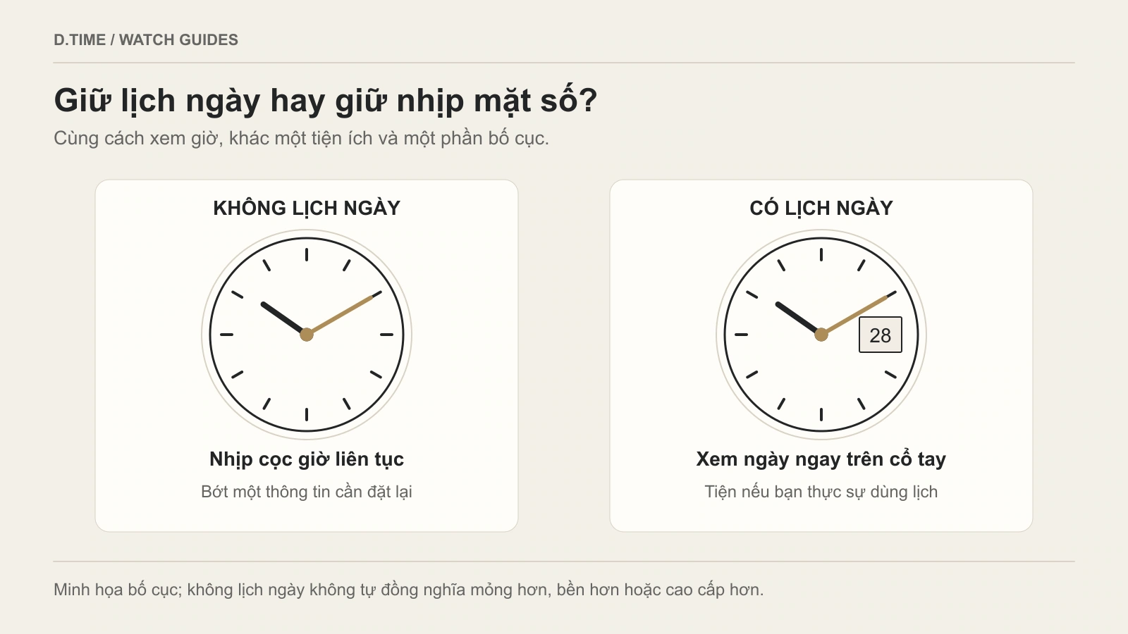 So sánh hai mặt số cùng giờ: bản không lịch giữ cọc giờ liền mạch, bản có lịch hiển thị ngày 28 ở vị trí 3 giờ.