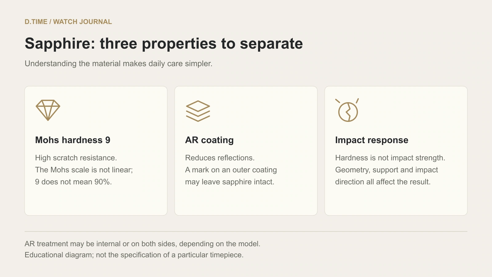 Three separate properties: Mohs hardness 9, AR coating and impact response
