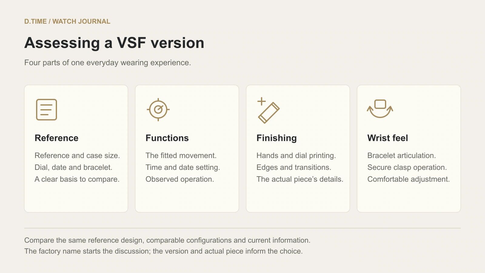 Four areas for assessing VSF: reference, functions, finishing and wrist feel